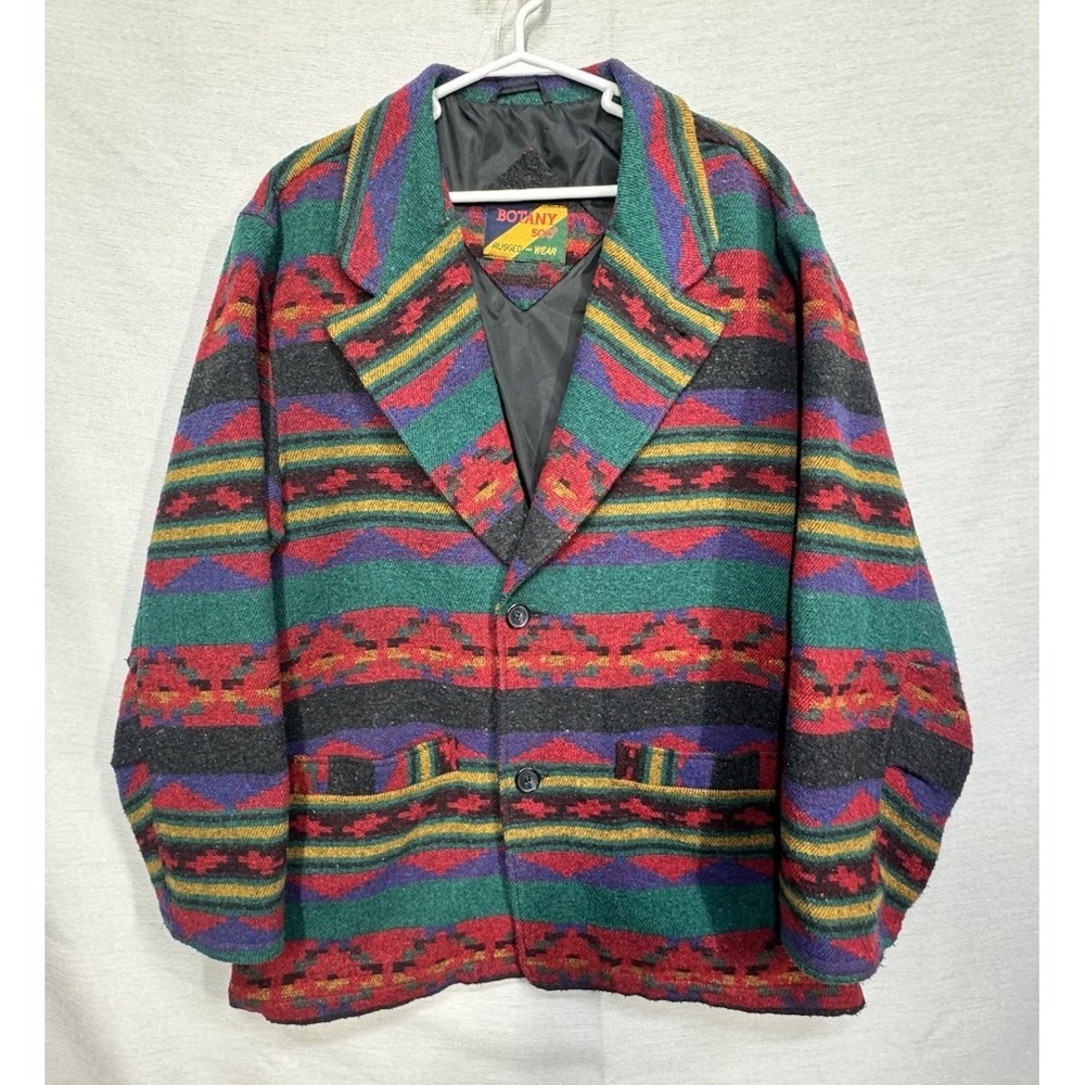 VTG BOTANY 500 RUGGED WEAR Western Aztec Blanket Wool Coat Jacket Geometric Sz L